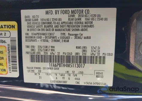 2021 Ford Mustang Ecoboost Fastback z USA, uszkodzony, nr VIN 1FA6P8TH4M5113017